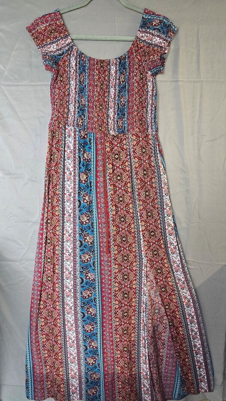 Boho Dress Womens Small Red Stripe Smocked Tassel Maxi Sundress Festival